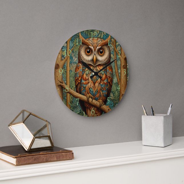 Elegant retro owl boho bohemian forest greenery  large clock (Office)