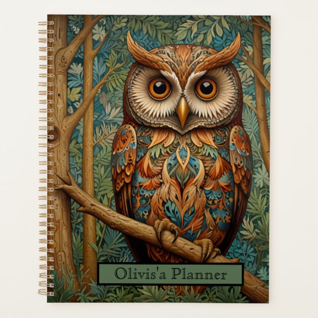 Elegant retro owl boho bohemian forest greenery  planner (Front)
