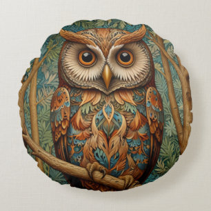 Elegant retro owl boho bohemian forest greenery  round pillow