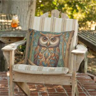 Elegant retro owl forest greenery outdoor pillow