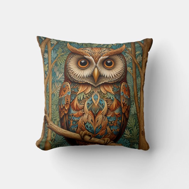 Elegant retro owl forest greenery  throw pillow (Front)