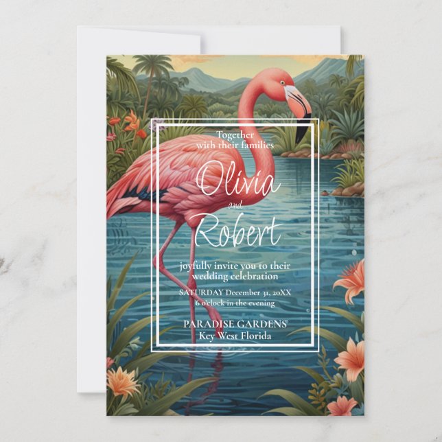 Elegant retro pink flamingo tropical boho garden invitation (Front)