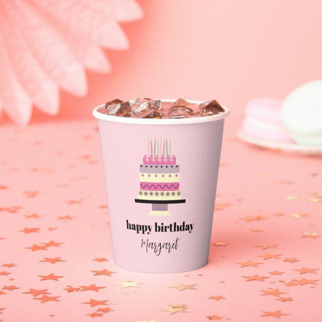 Elegant Retro Pink Girly Birthday Cake Paper Cups (Insitu)