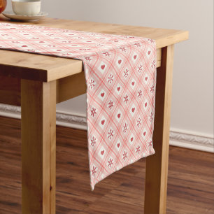 Elegant Retro Pink Snowflake And Red Heart Pattern Short Table Runner