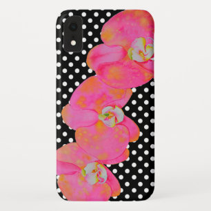 Elegant retro pink watercolor orchids polka dots iPhone XR case