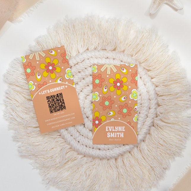 Elegant  Retro QR Code Groovy Floral Trendy Boho Business Card (Creator Uploaded)