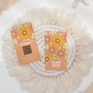 Elegant Retro QR Code Groovy Floral Trendy Boho Business Card