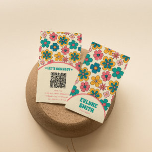 Elegant Retro QR Code Groovy Floral Unique Boho Business Card