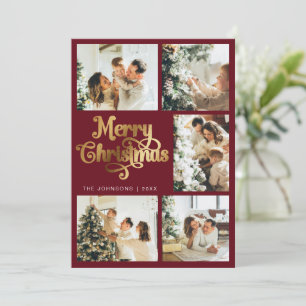 Elegant Retro Red & Gold Merry Christmas Family Holiday Card