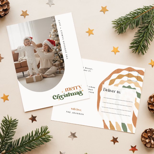 Elegant Retro Script Family Photo Wish Christmas Postcard (Creator Uploaded)