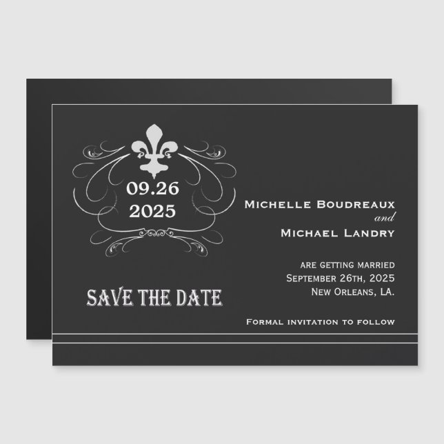 Elegant Retro Style Fleur Save The Date Black Magnetic Invitation (Front/Back)