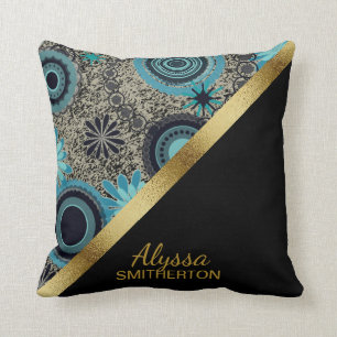 Elegant Retro Teal Black Gold Personalized Throw Pillow