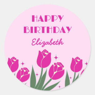 Elegant Retro Tulip Floral Pink Birthday Classic Round Sticker