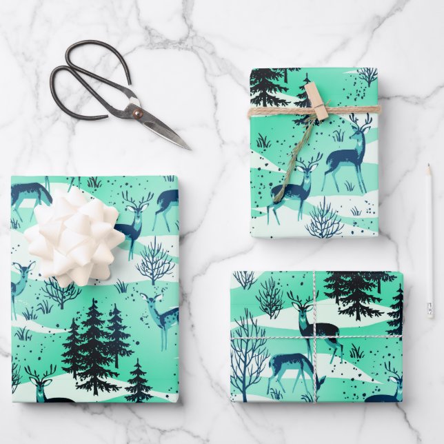 Elegant Retro Turquoise Blue Woodland Deer Wrapping Paper Sheet (Front)