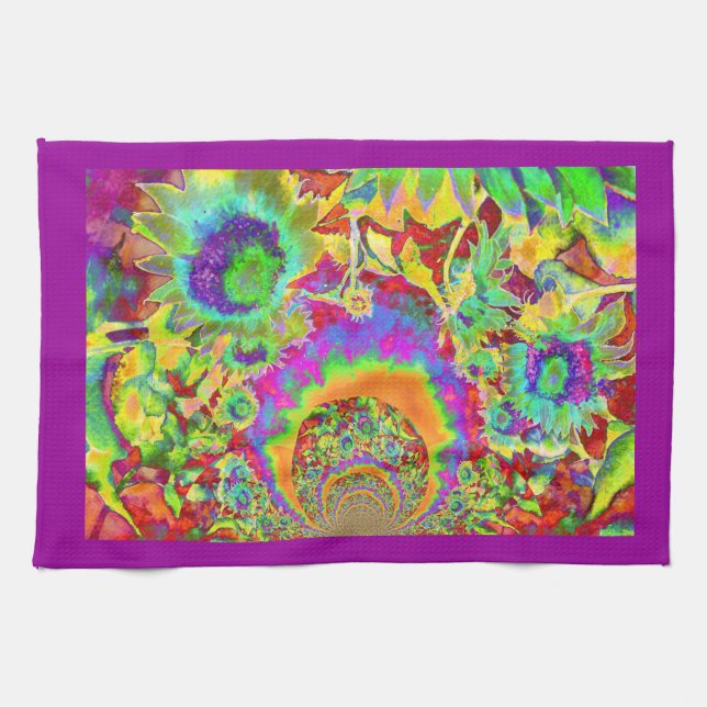 Elegant retro watercolor sunflower fields kitchen towel (Horizontal)