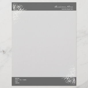 Elegant Retro White Flower Swirls Dark Grey Letterhead