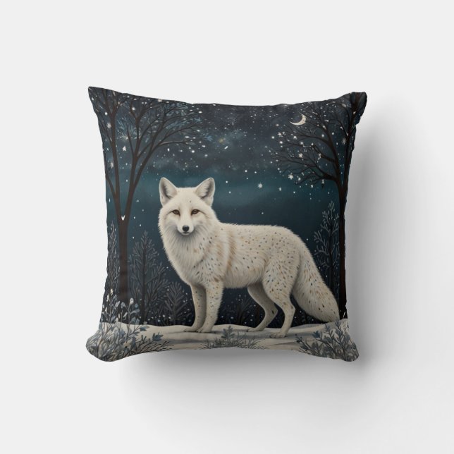 Elegant retro white winter fox throw pillow (Front)
