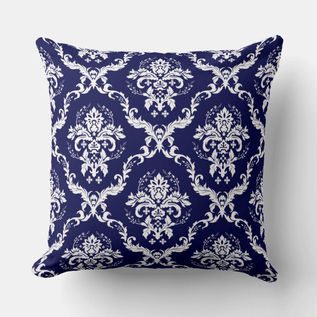 Elegant Reversible Navy Blue & White Floral Damask Throw Pillow (Front)