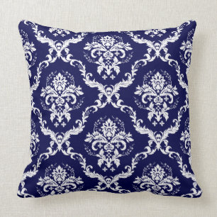 Elegant Reversible Navy Blue & White Floral Damask Throw Pillow