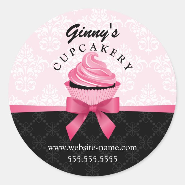 Elegant Ribbon and Damask Cupcake Bakery Packaging Classic Round Sticker (Front)