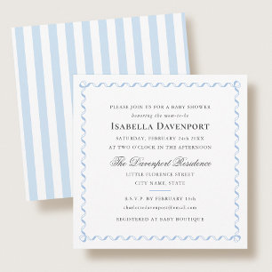 Elegant Ribbon Baby Shower Script Stripes Blue Invitation