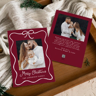 Elegant Ribbon Bow Burgundy 2 Photo Holiday Card