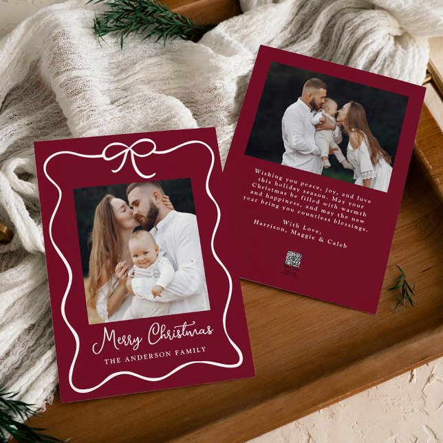 Elegant Ribbon Bow Burgundy 2 Photo Holiday Card (Creator Uploaded)