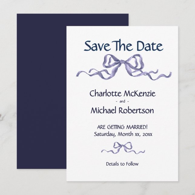 Elegant Ribbon & Bow Romantic Wedding Navy & White Save The Date (Front/Back)