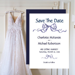 Elegant Ribbon & Bow Romantic Wedding Navy & White Save The Date