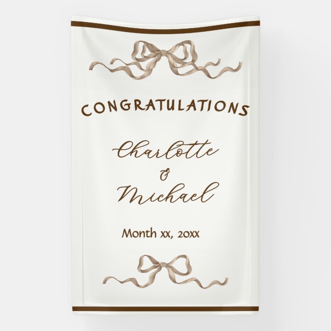 Elegant Ribbon & Bow Warm Brown Romantic Wedding Banner (Vertical)