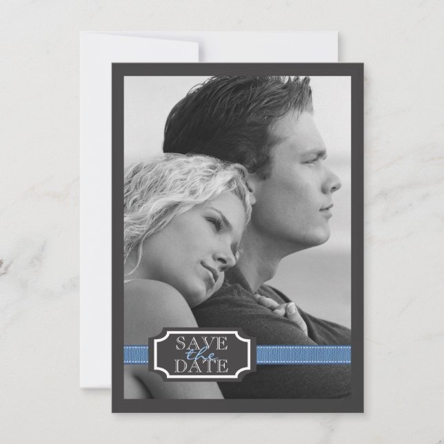 Elegant Ribbon Effect in Blue Save the Date (Front)
