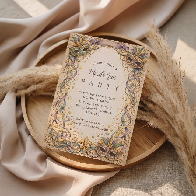 Elegant Ribbon Mask Mardi Gras Masquerade Invitation (Creator Uploaded)