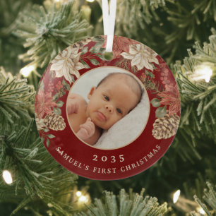 Elegant Rich Red Baby's First Christmas Photo Glass Ornament