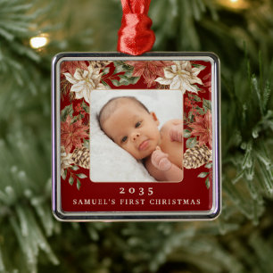Elegant Rich Red Baby's First Christmas Photo Metal Ornament
