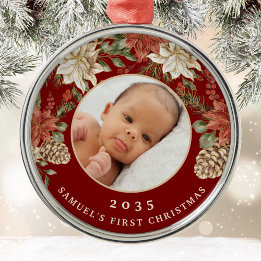 Elegant Rich Red Baby's First Christmas Photo Metal Ornament