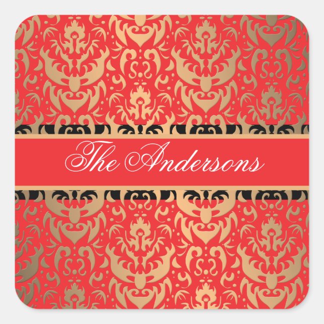 Elegant Rich Red Damask Shimmering Glamour Square Sticker (Front)