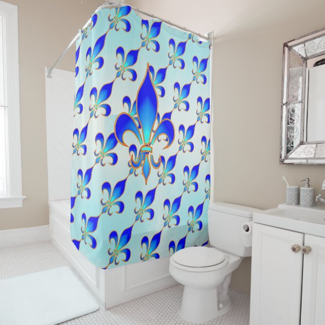 Elégant rideau de douche bleu Fleur de lis Aqua-Tu (En situation)