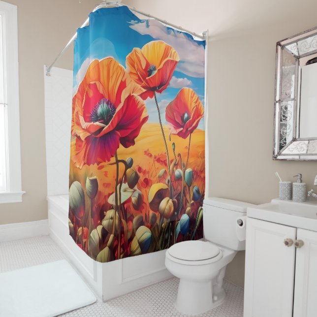 Élégant rideau de douche en fleurs de pavot (En situation)