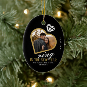 Elegant Ring in the New Year Engagement Christmas Ceramic Ornament