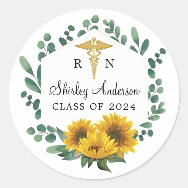 Elegant RN Sunflower Nurse Graduation Classic Round Sticker (Front)