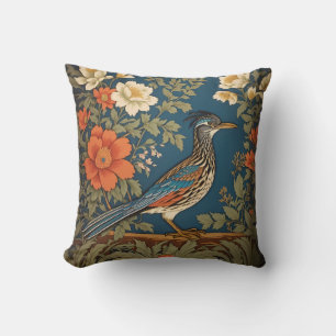 Elegant Roadrunner Bird William Morris Inspired Throw Pillow