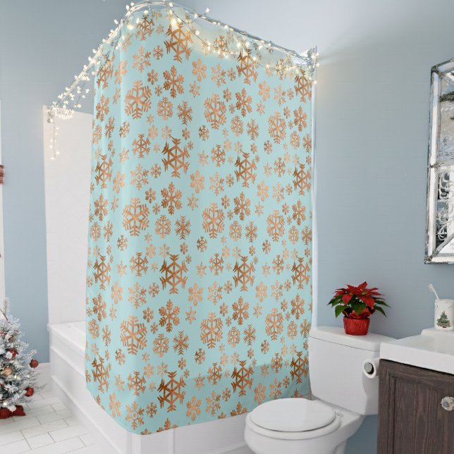 Elegant Robin Egg Blue Festive Copper Snowflakes (Elegant copper snowflake on a robin egg blue shower curtain )