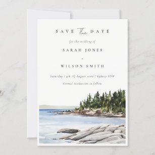 Elegant Rocky Pine Mountain Watercolor Seascape Save The Date