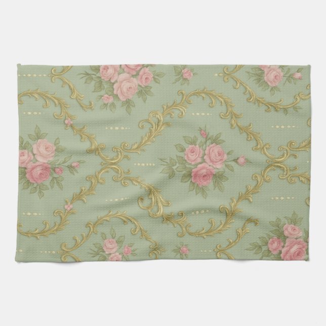 Elegant Rococo Floral Pattern in Soft Pastels Kitchen Towel (Horizontal)