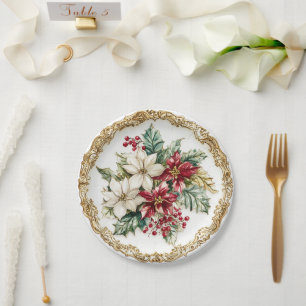 Elegant Rococo Floral Poinsettia Holiday Dining  Paper Plate