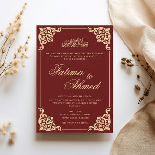 Elegant Rococo Flourish Burgundy Muslim Wedding Invitation