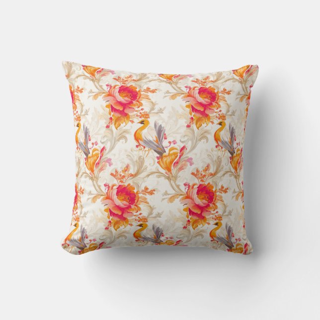 Elegant Rococo Inspired Orange and Black Design Throw Pillow (Front)