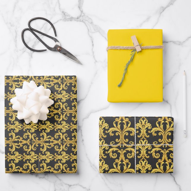 Elegant Rococo Revival Gold & Charcoal Baroque Wrapping Paper Sheet (Front)