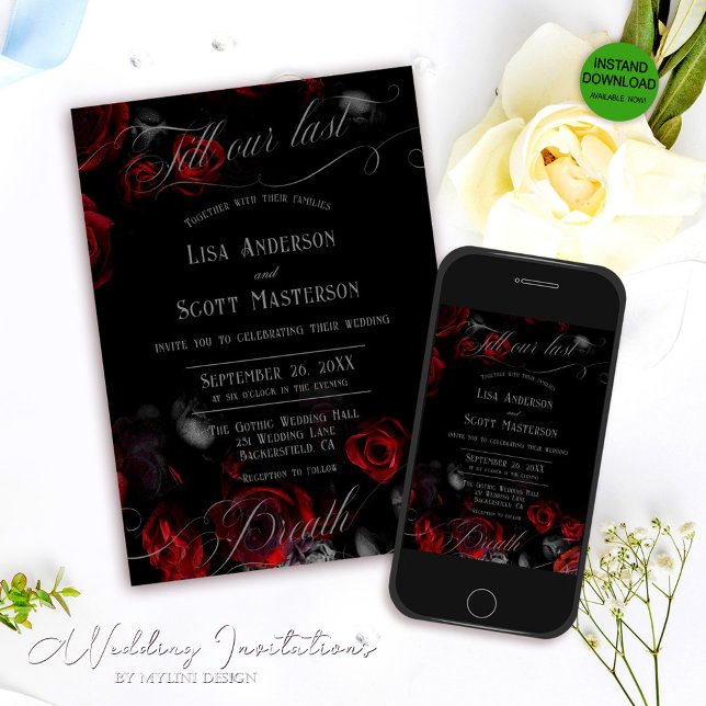 Elegant Romantic Black Red Floral Wedding Invitation (Creator Uploaded)