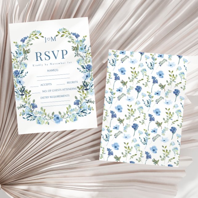 Elegant romantic blue floral wreath rustic wedding RSVP card (Creator Uploaded)